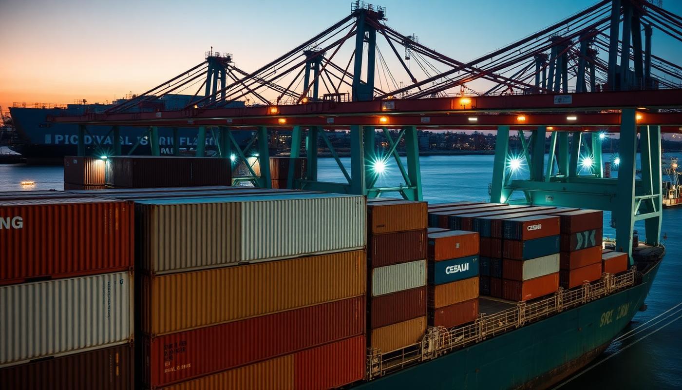 Container ship loading at a port terminal at dusk