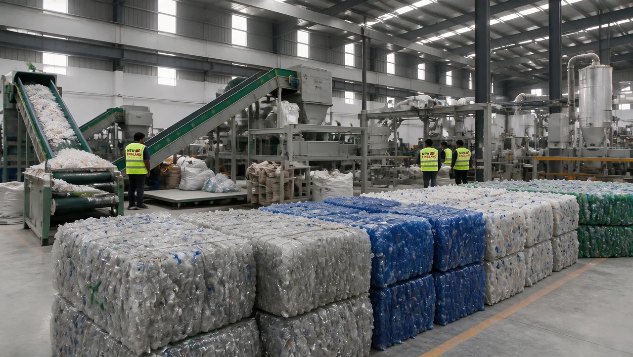 Baled PET bottles and wash lines inside the New England Plastics facility in Sylhet, Bangladesh